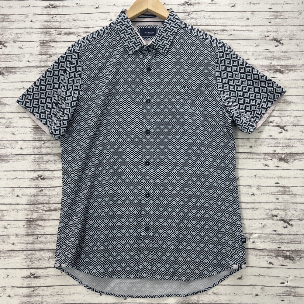 7Diamonds Diamonds Dancing Shirt Mens Small Blue 4 Way Stretch Short Sleeve